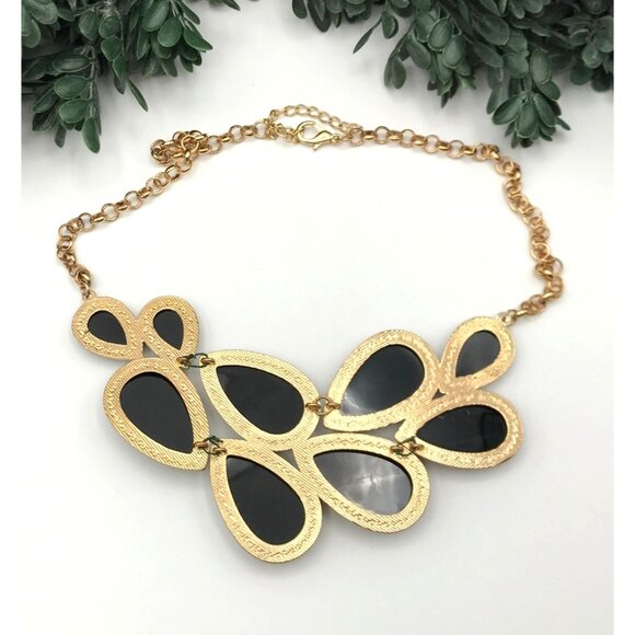 Gold Tone Chain Statement Necklace With Black Teardrop Crystal Accents - Picture 5 of 5